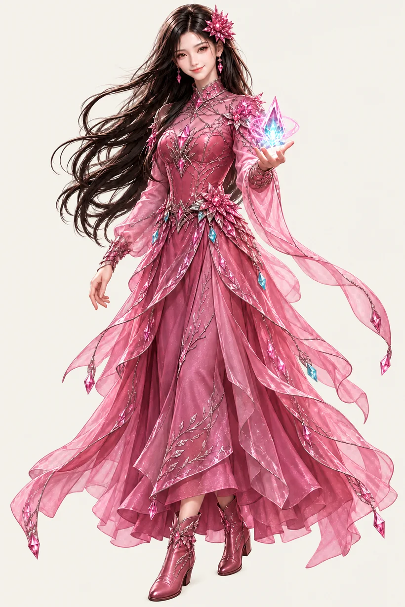 Lucy the apprentice, in pink crystal, holding a shard of light.