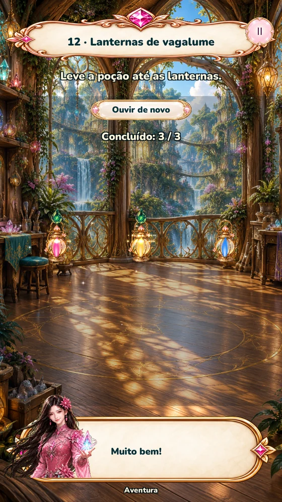 Carry the potion to the firefly lanterns, one lantern at a time.