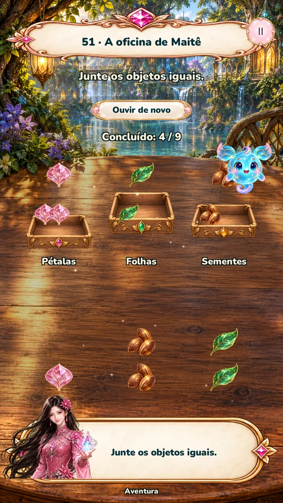 Maitê's workshop. Petals, leaves and seeds, each to its own tray.